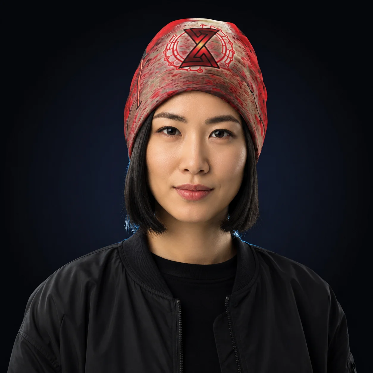 Woman wearing Cherry Samurai Beanie