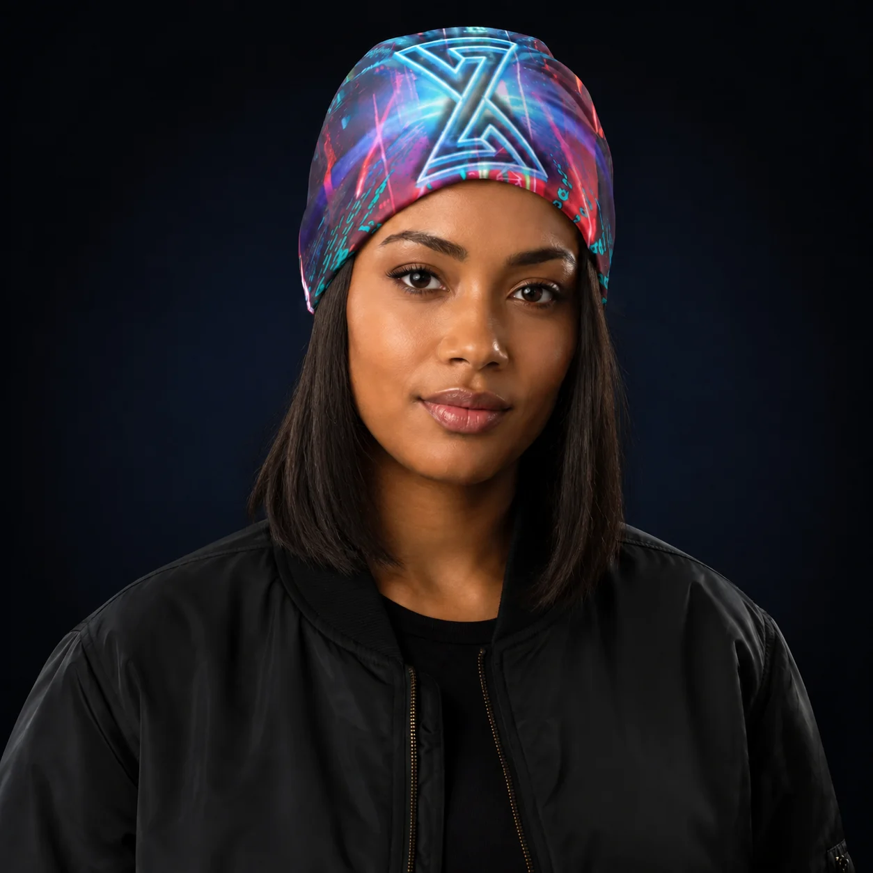 Woman wearing Code the Future Beanie