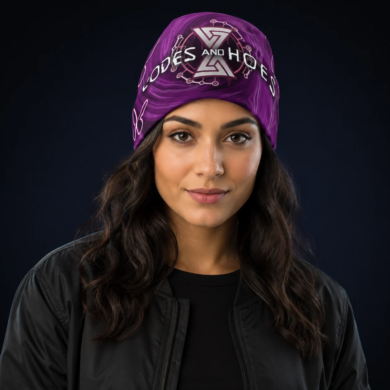 Woman wearing Codes and Hoes Beanie