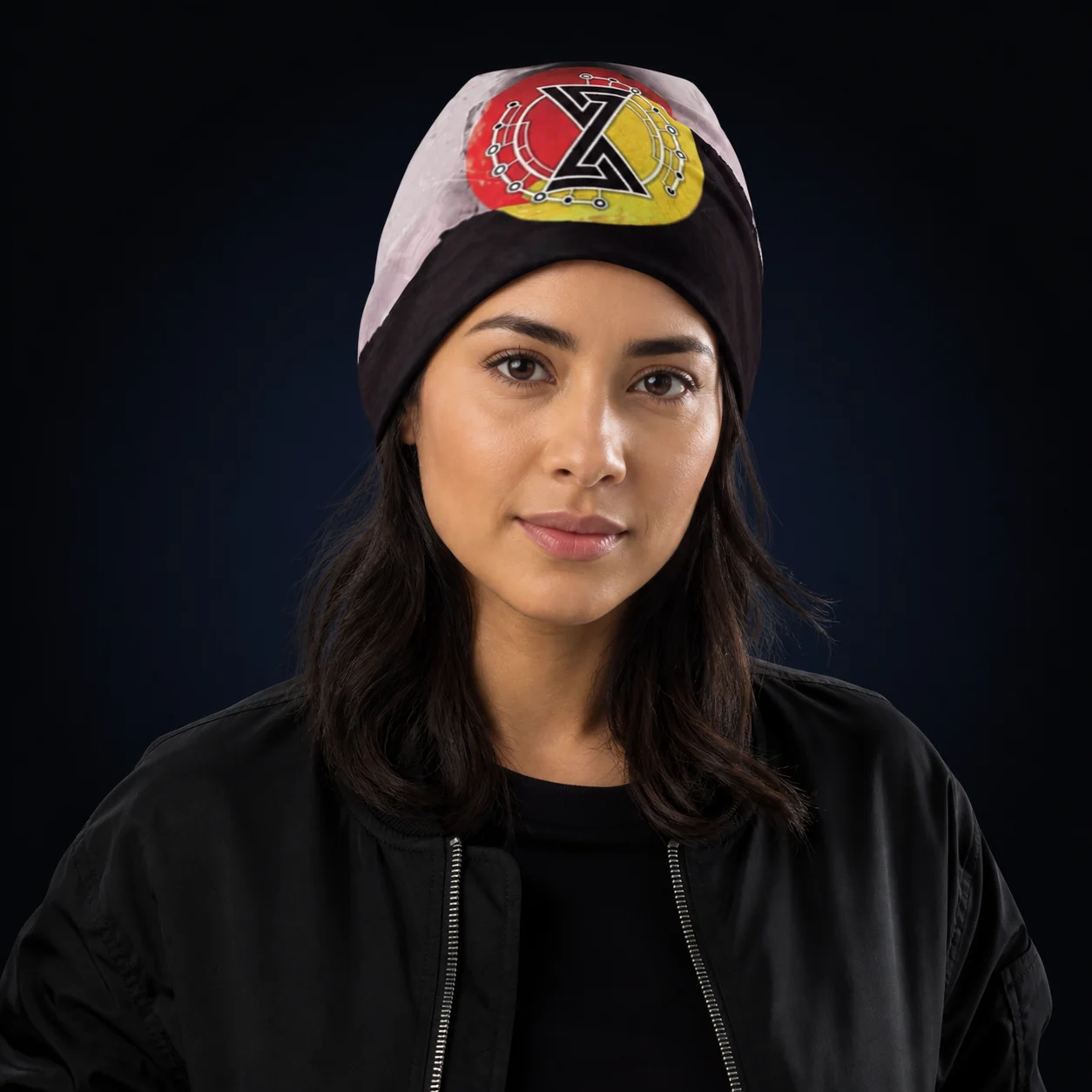 Woman wearing Yin Yang Beanie